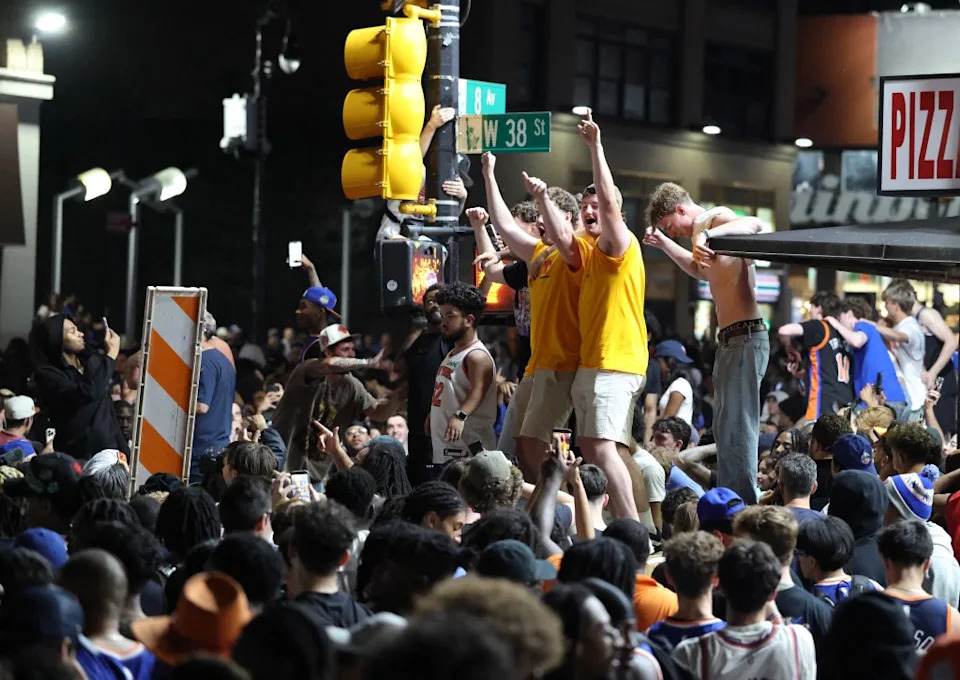 New York City erupted Wednesday night as Knicks fans celebrated in bars, bodegas and streets across the five boroughs after the team’s stunning Game 4 comeback — putting them one win from the NBA title. AFP via Getty Images