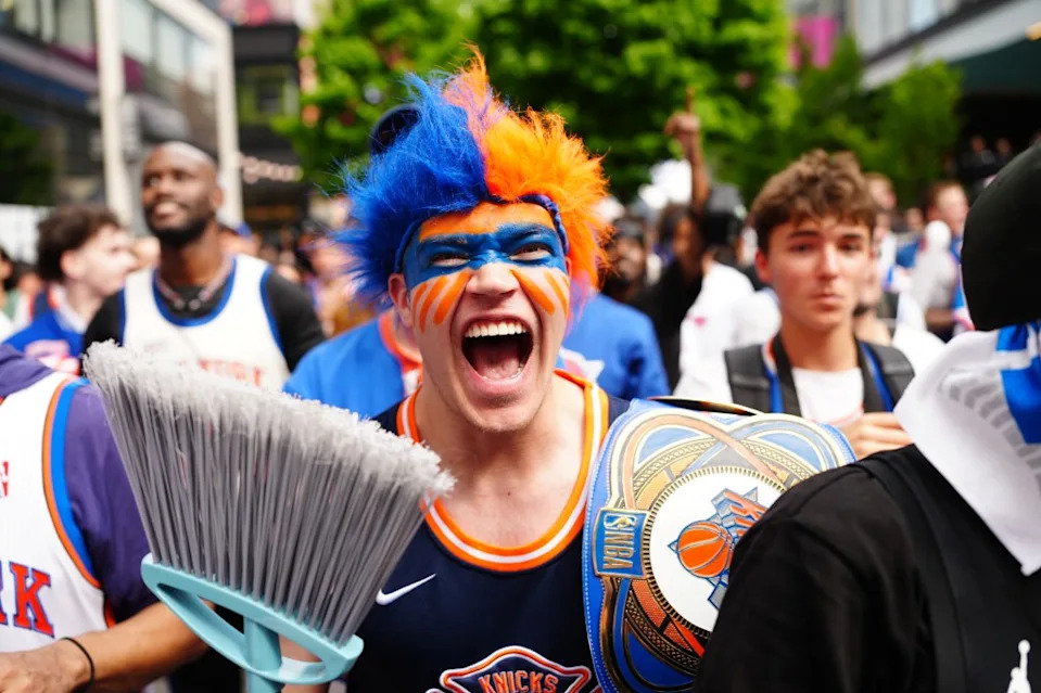 New York Knicks fans watch Game 4 of the Eastern Conference semifinals during a televised watch party outside Madison Square Garden on Sunday, May 10, 2026, in <a class="link " href="https://sports.yahoo.com/nba/teams/new-york/" data-i13n="sec:content-canvas;subsec:anchor_text;elm:context_link" data-ylk="slk:New York;sec:content-canvas;subsec:anchor_text;elm:context_link;itc:0" data-yga="{"yLinkElement":"context_link","yModuleName":"content-canvas","yLinkText":"New York","ySubModuleName":"anchor_text","yHasCommerce":false}">New York</a>. James Keivom for NY Post