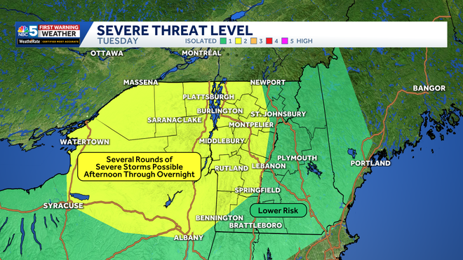 SPC Day 1 The risk for severe thunderstorms is highest in northern New York and western Vermont Tuesday afternoon through Wednesday morning.