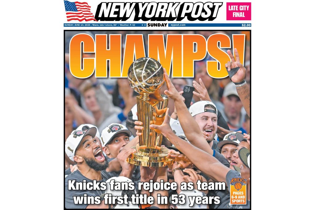 New York Post cover showing Knicks fans celebrating their team's first title in 53 years, with players holding the NBA championship trophy.