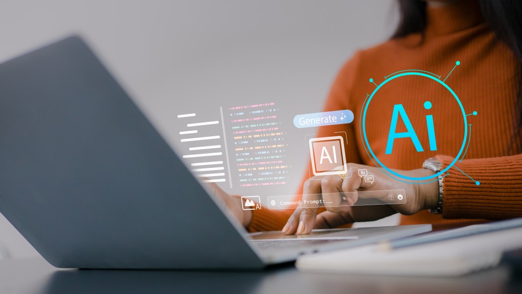 Woman using a laptop with an AI generative technology interface.