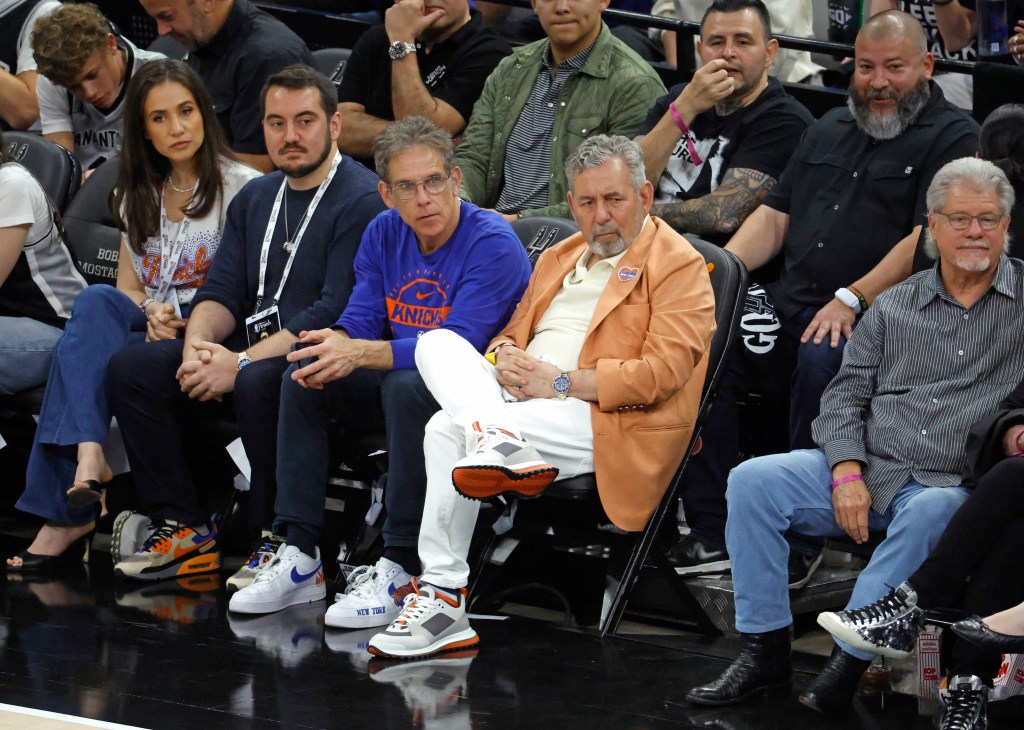 Comedian Ben Stiller and New York Knicks owner James Dolan sitting courtside during Game 2 of the 2026 NBA Finals.