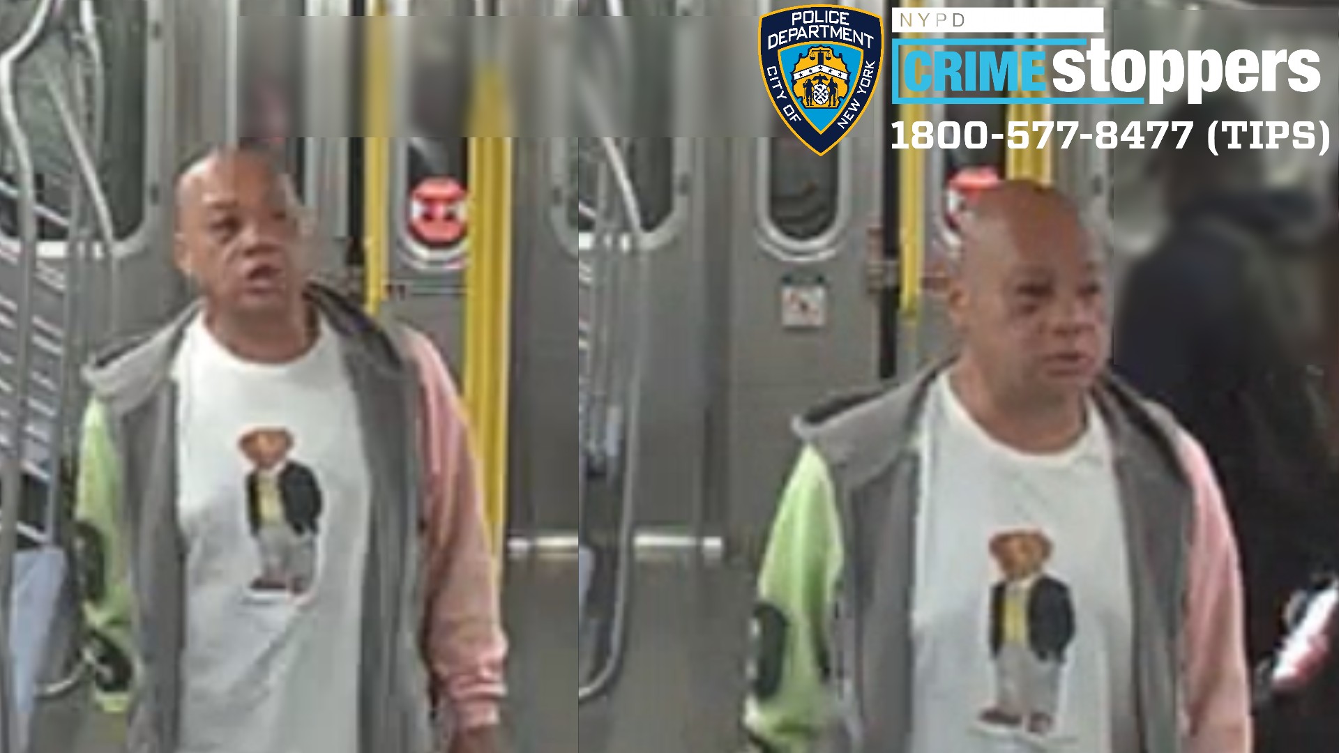 The tough guy shouted threats at passengers while wearing a T-shirt featuring a well-dressed bear.