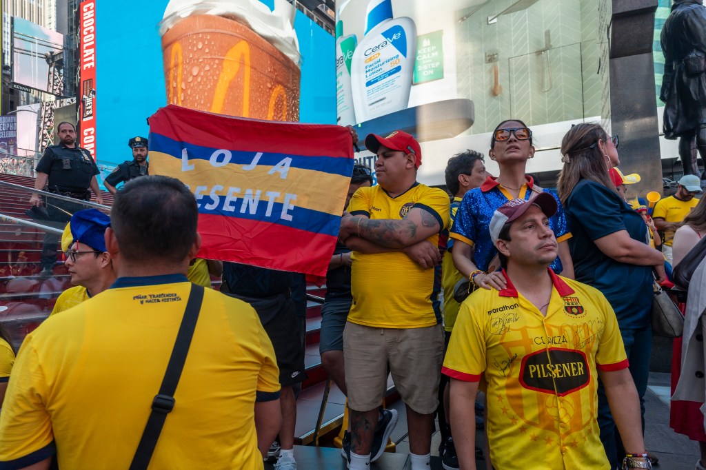Crush of FIFA World Cup Ecuadorian soccer fans and other visitors in Times Square in New York on Wednesday, June 24, 2026.