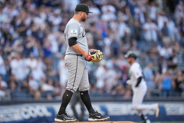 Chicago White Sox pitcher Anthony Kay reacts as New York Yankees' Cody Bellinger runs the bases after hitting a two-run home run during the first inning of a baseball game Wednesday, June 17, 2026, in New York. (AP Photo/Frank Franklin II)
