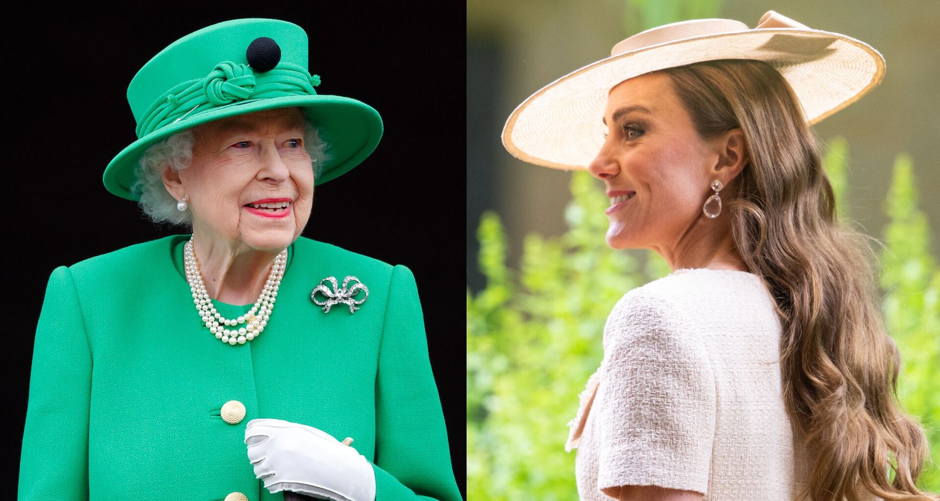 A split image of Queen Elizabeth in a green coat and hat and Princess Kate in a beige dress and hat
