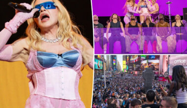 Madonna, 67, shocks in skintight pink corset at surprise NYC Times Square concert
