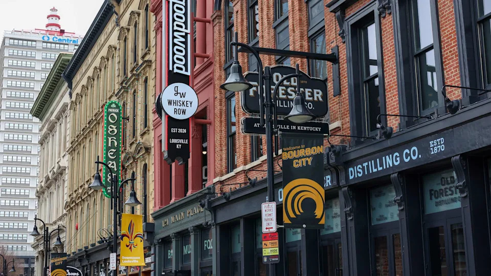 Whiskey distilleries along a main street in Louisville, Kentucky