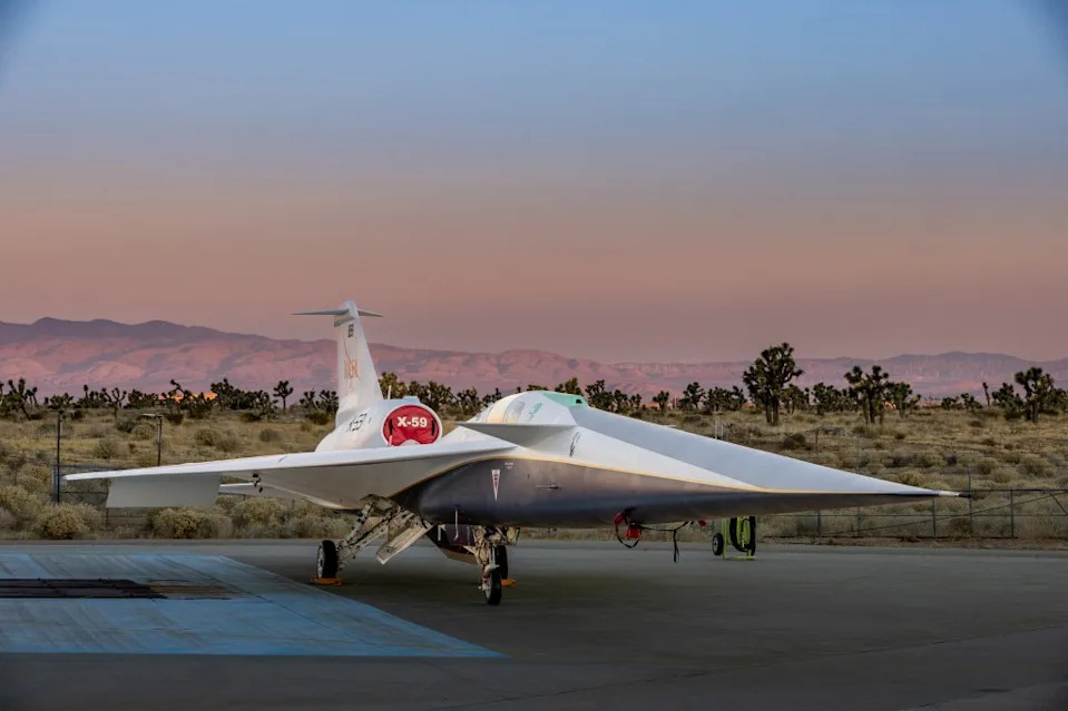 The experimental quiet supersonic aircraft X-59 is parked on tarmac in Palmdale, California. via REUTERS