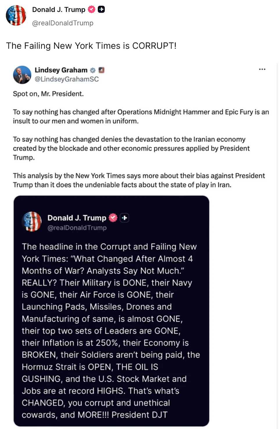 Donald Trump shares Lindsey Graham's fawning post. / screen grab