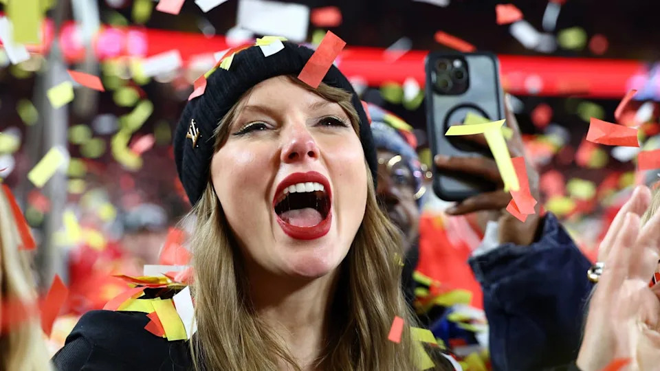 Jan 26, 2025; Kansas City, MO, USA; Recording artist Taylor Swift reacts after the AFC Championship game against the Buffalo Bills at GEHA Field at Arrowhead Stadium.Mark J. Rebilas-Imagn Images.
