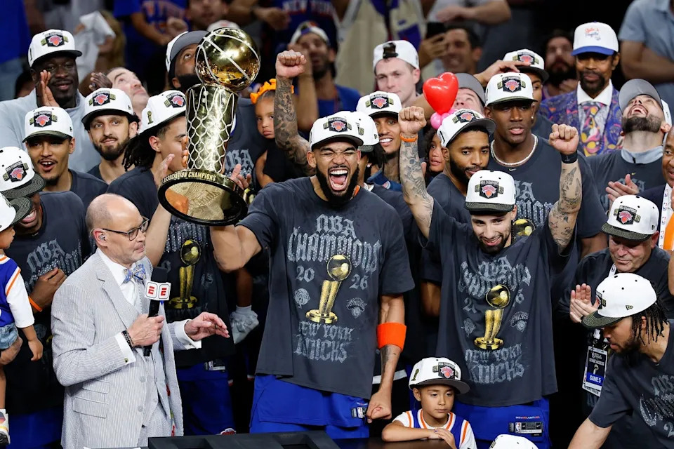 The New York Knicks celebrate with the Larry O'Brien Championship Trophy after their victory against the San Antonio Spurs in Game Five of the 2026 NBA Finals (Getty Images)
