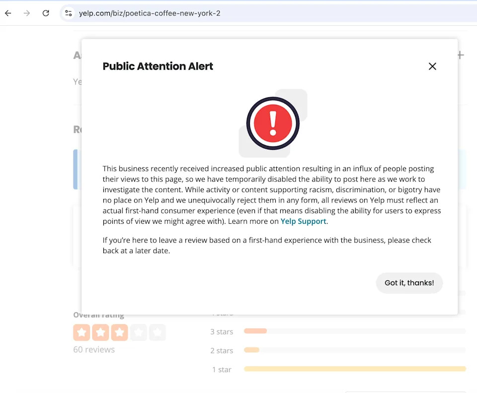 A "public attention alert" from Yelp on its Poetica Coffee review page.