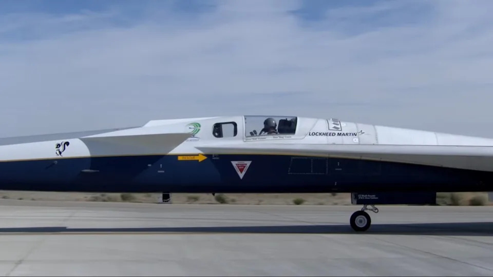 NASA’s X-59 quiet supersonic research aircraft taxiing on a runway. NASA Armstrong Flight Research Center