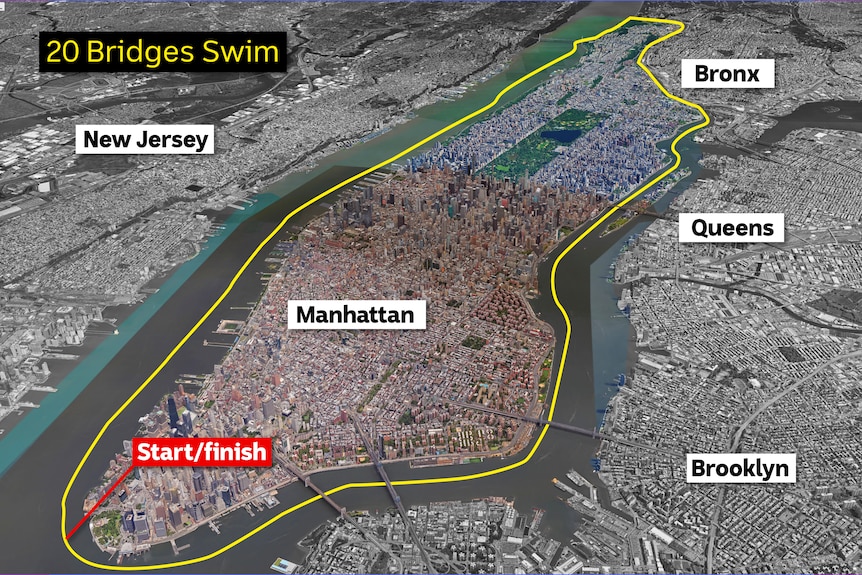 Map showing a line around Manhattan.