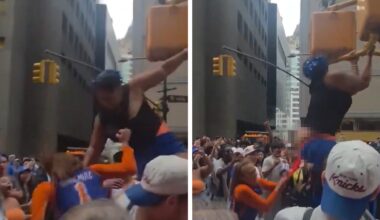 Knicks Fan Pantsed During Fight at Parade, Twerks on Opponent: Video