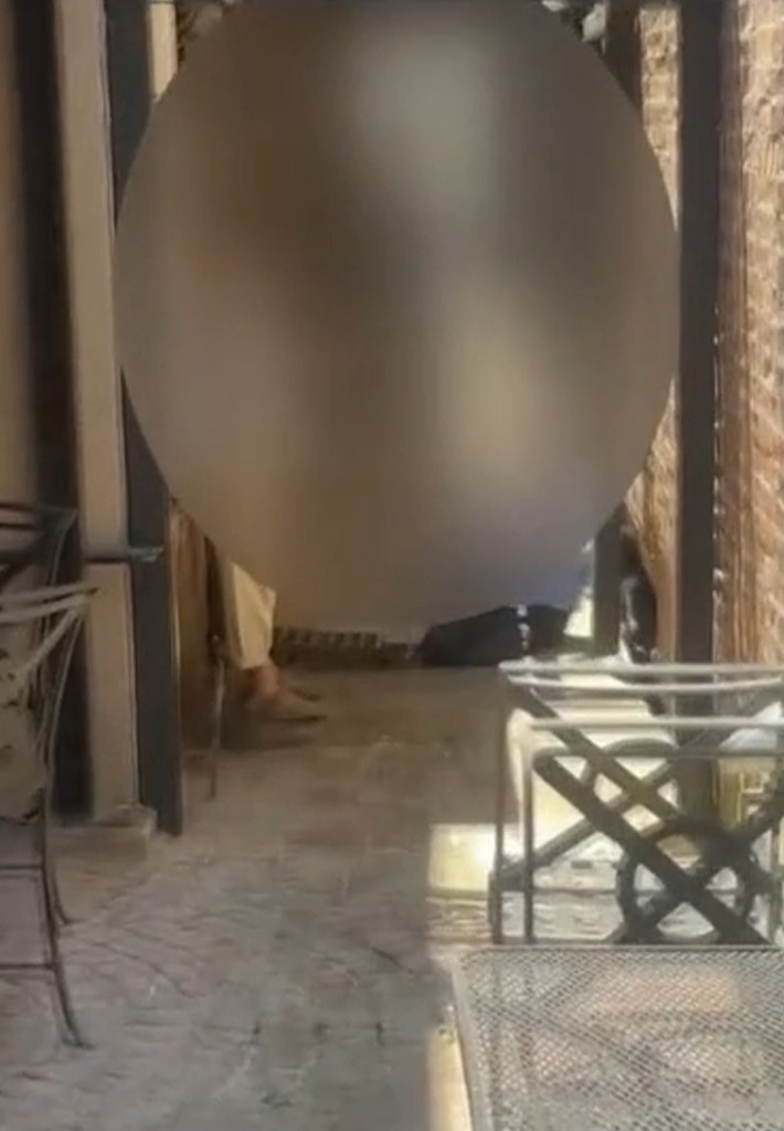 A blurry image of a group of girls emerging from an underground drain onto a patio.
