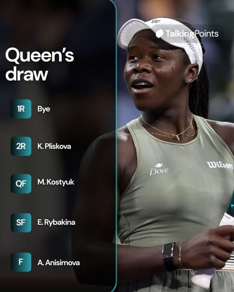 A graphic of Victoria Mboko's draw for the 2026 Queen's Club Championships.