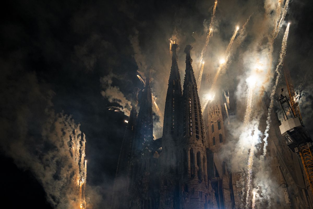 Thousands watched as drones and fireworks transformed the sky above the Sagrada Família during the historic ceremony attended by Pope Leo XIV.
