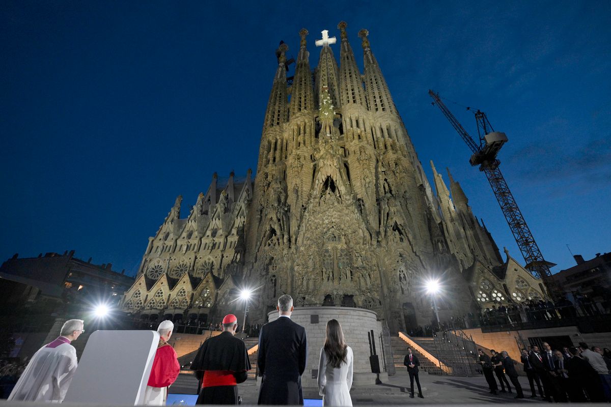 The night sky above the Sagrada Família comes alive with drones and fireworks marking a landmark moment in the basilica's history.