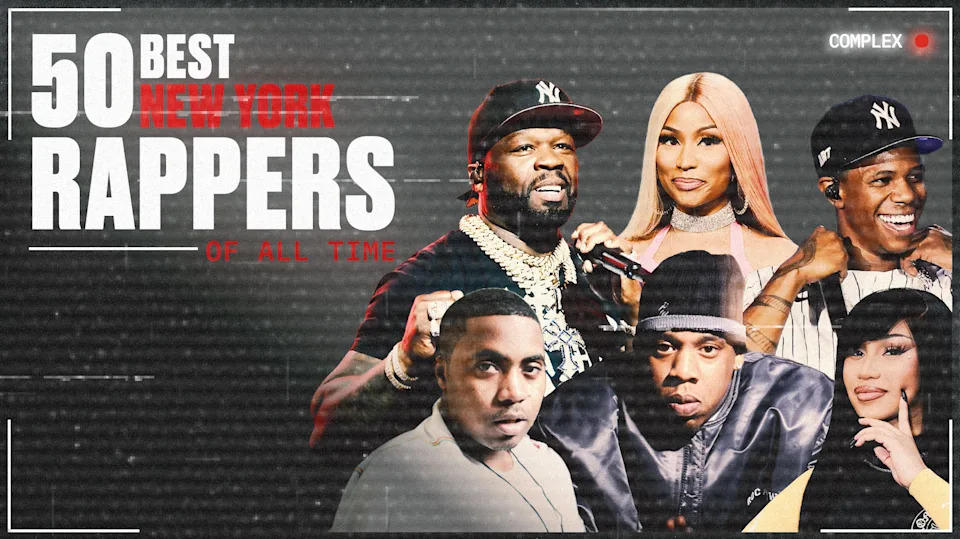 Collage of New York rappers: 50 Cent, Nicki Minaj, Nas, Jay-Z, Cardi B, and A Boogie wit da Hoodie, with "50 Best New York Rappers." This is a story of the 50 best New York rappers of all time.