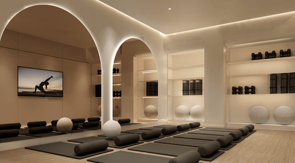 yoga room with arches