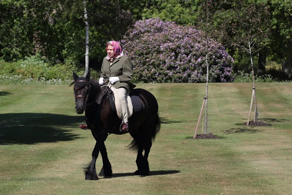 Queen Elizabeth II riding Balmoral Fern, a 14-year-old Fell Pony, in Windsor Home Park in 2020. (Steve Parsons/PA)
