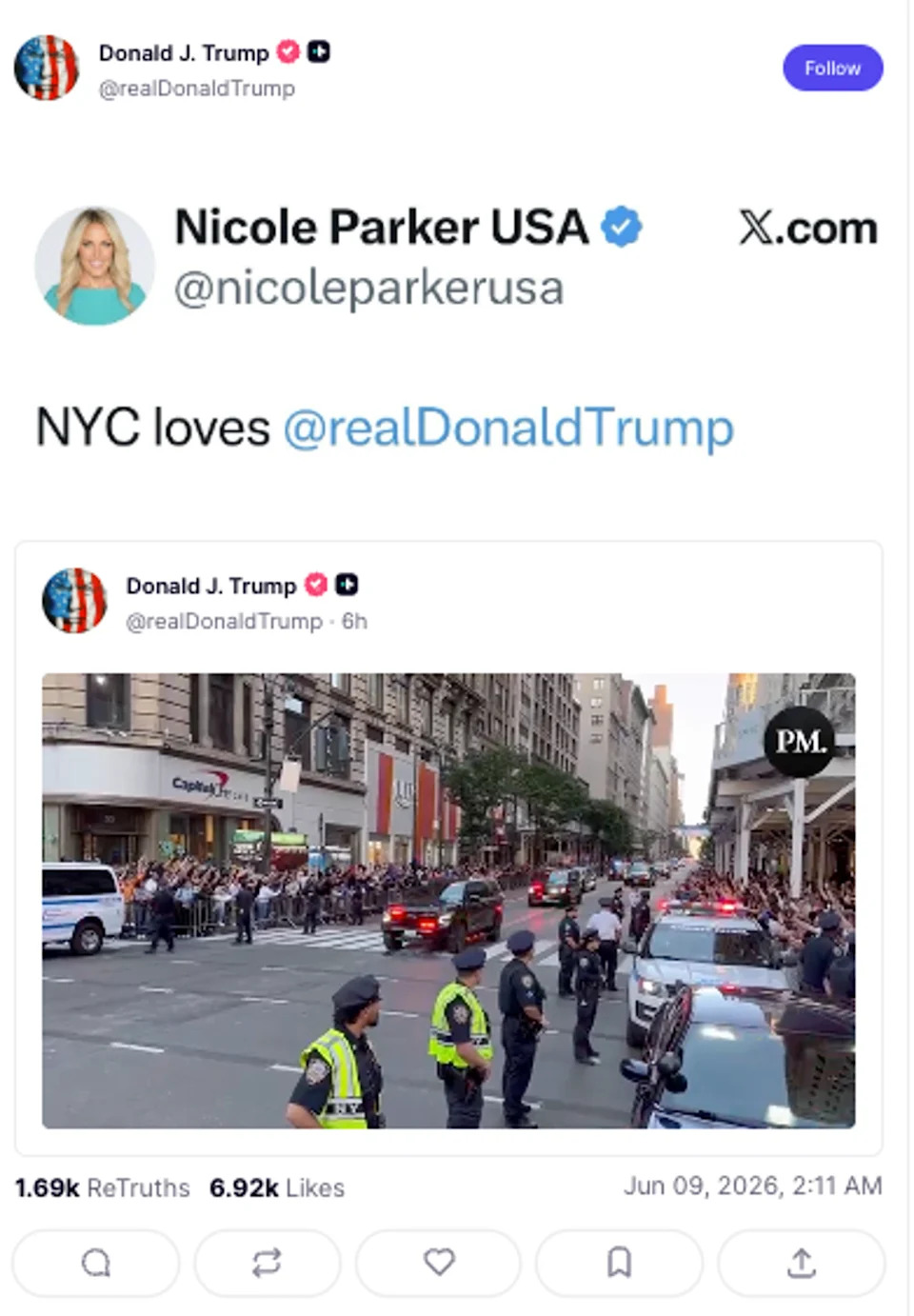 The president reshared a video on Truth Social showing crowds gathered on 34th Street in Midtown as his motorcade passed by (@realDonaldTrump/Truth Social)