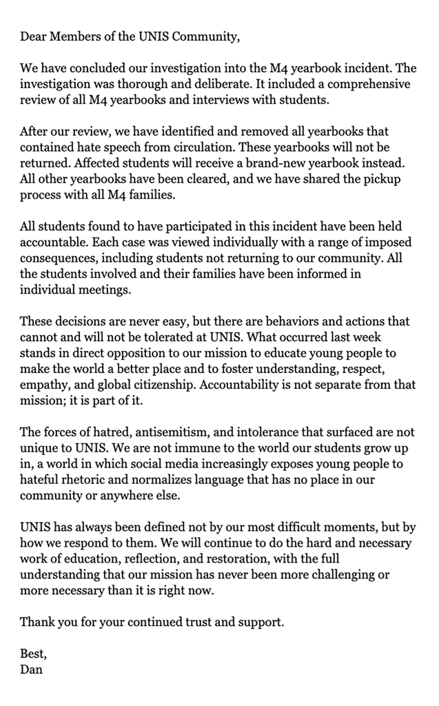 An email from the UNIS school head regarding a yearbook incident.