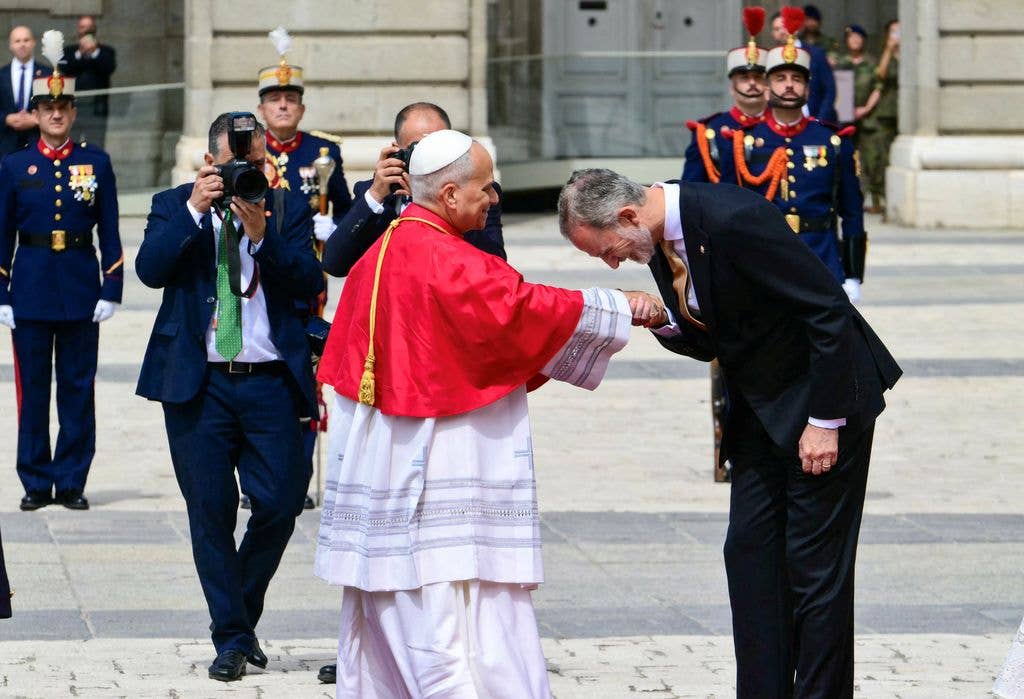 King Felipe VI welcomes Pope Leo XIV at the Royal Palace in Madrid 