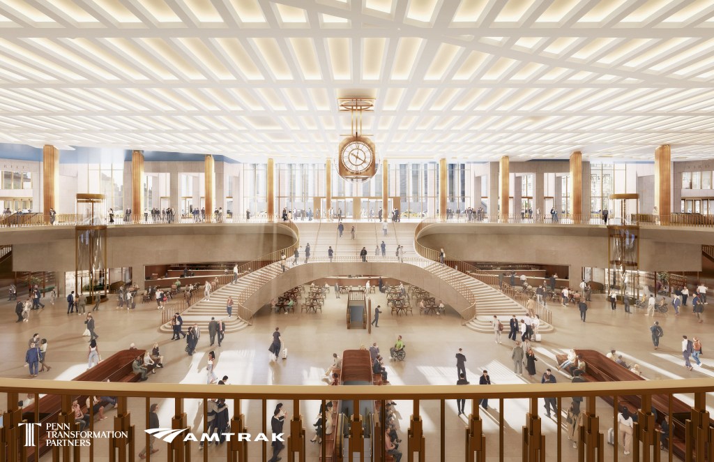 Illustration of the redeveloped Penn Station concourse, with grand staircases, a large clock, and numerous people.