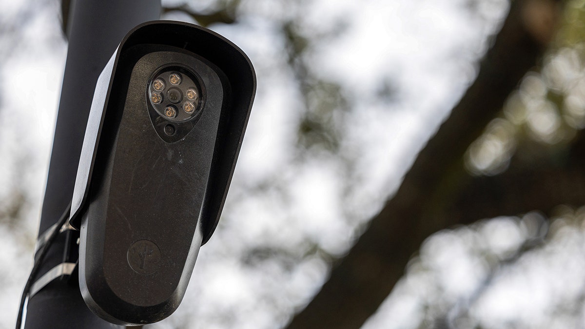 A Flock camera mounted outdoors with trees in the background