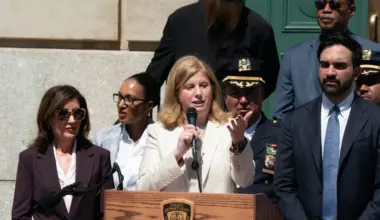 Jessica Tisch, commissioner of the New York City Police Department, speaks alongside New York Gov. Kathy Hochul and New York City Mayor Zohran Mamdani
