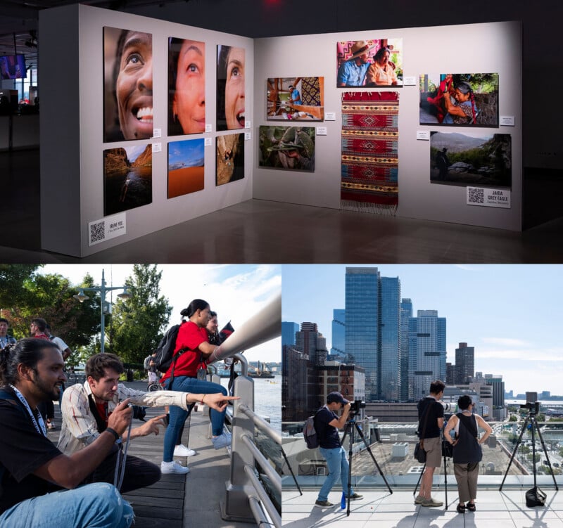 A collage: Top—an indoor photo exhibit displays close-ups of faces, landscapes, and woven textiles. Bottom left—people with cameras photograph outdoors by water. Bottom right—photographers shoot city buildings from a rooftop.