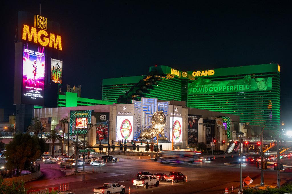 A photo of the Vegas strip and the hotel at night. 
