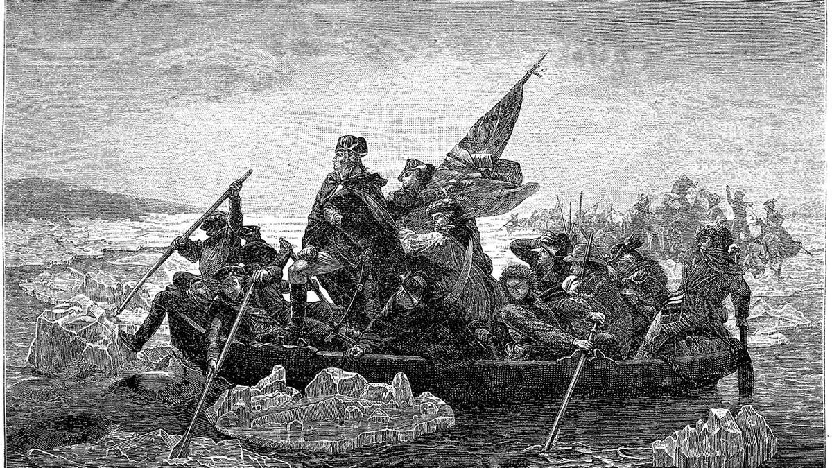 George Washington stands in a boat crossing the Delaware with his troops.