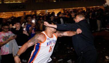 Knicks watch party near NYC's Bryant Park turns violent as fans fight, climb police cars, throw objects