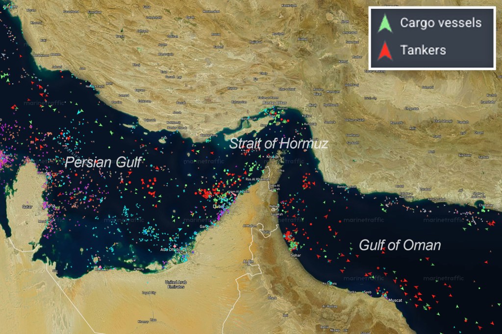 Illustration of cargo vessels and tankers in the Strait of Hormuz, Persian Gulf, and Gulf of Oman.