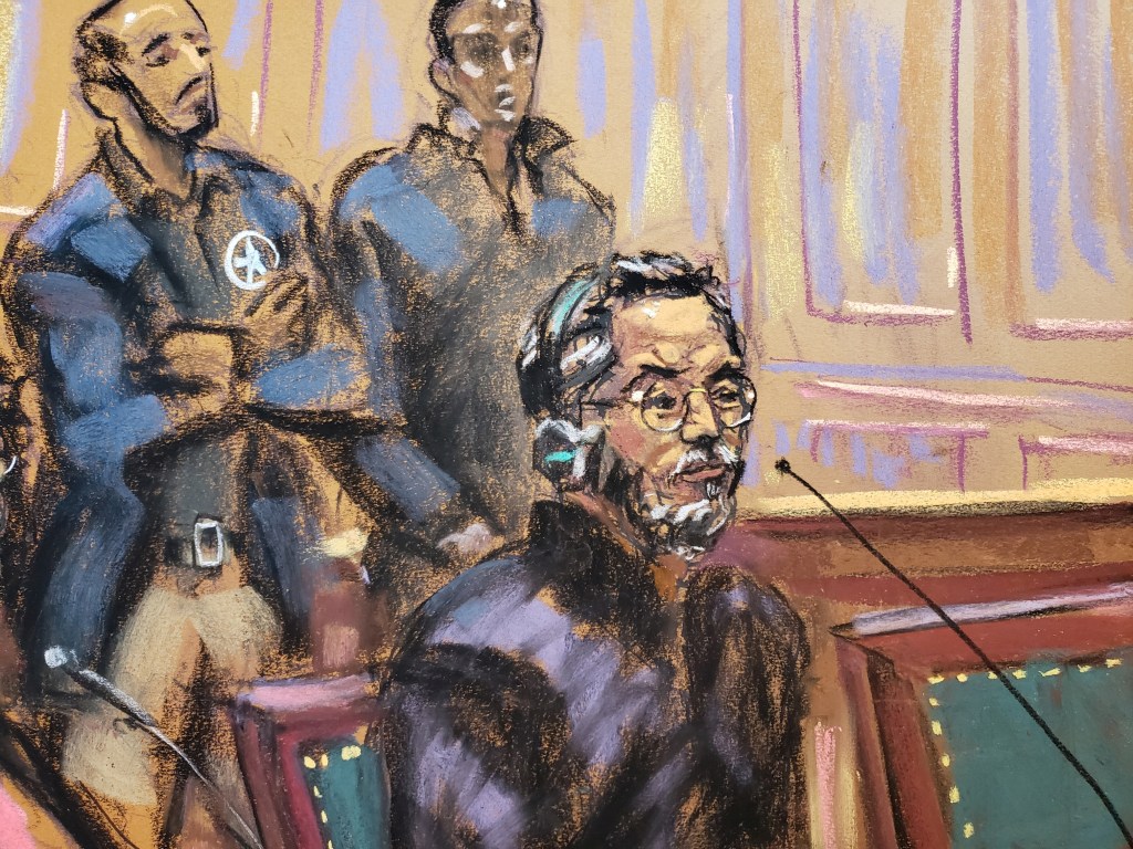 Illustration of Guo Wengui in court, wearing glasses and a headset, with two guards behind him.