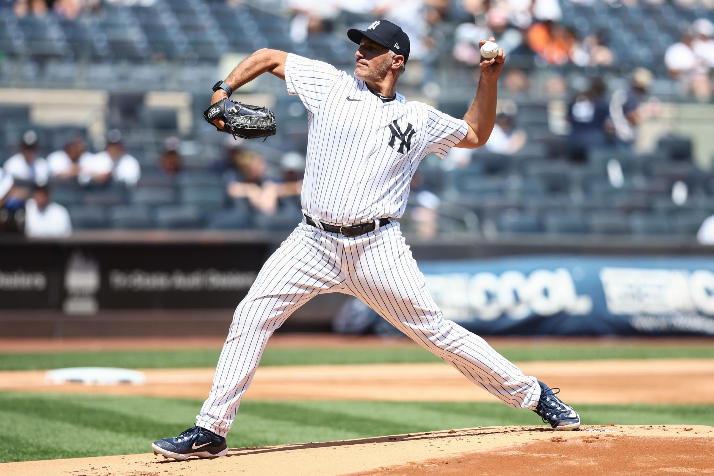 Aug 9, 2025; Bronx, New York, USA; Former New York Yankees pitcher Andy Pettitte pitches during the Old Timer’s Day game at Yankee Stadium. Mandatory Credit: Wendell Cruz-Imagn Images