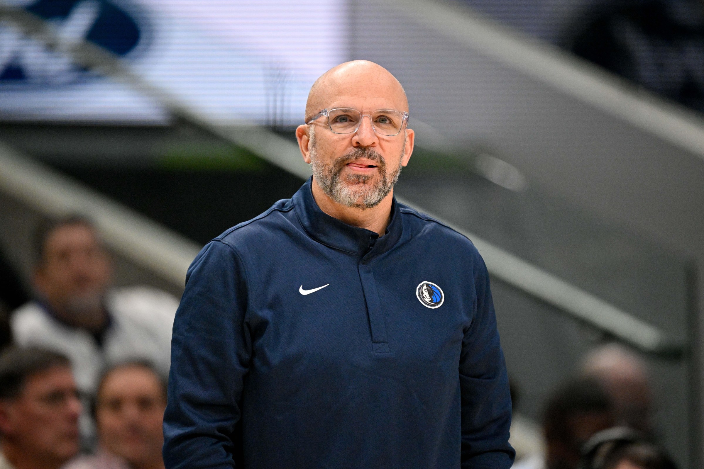 Jan 12, 2026; Dallas, Texas, USA; Dallas Mavericks head coach Jason Kidd looks on during the first quarter against the Brooklyn Nets at the American Airlines Center. Mandatory Credit: Jerome Miron-Imagn Images