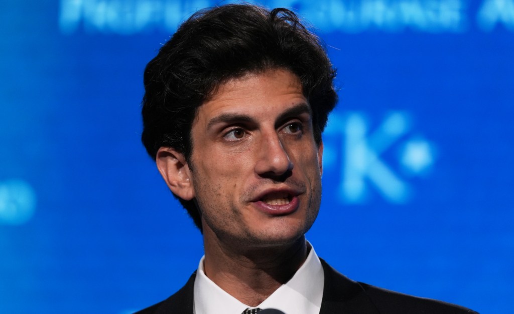 Jack Schlossberg addresses a gathering during the Profile in Courage Award ceremony at the John F. Kennedy Presidential Library in Boston,