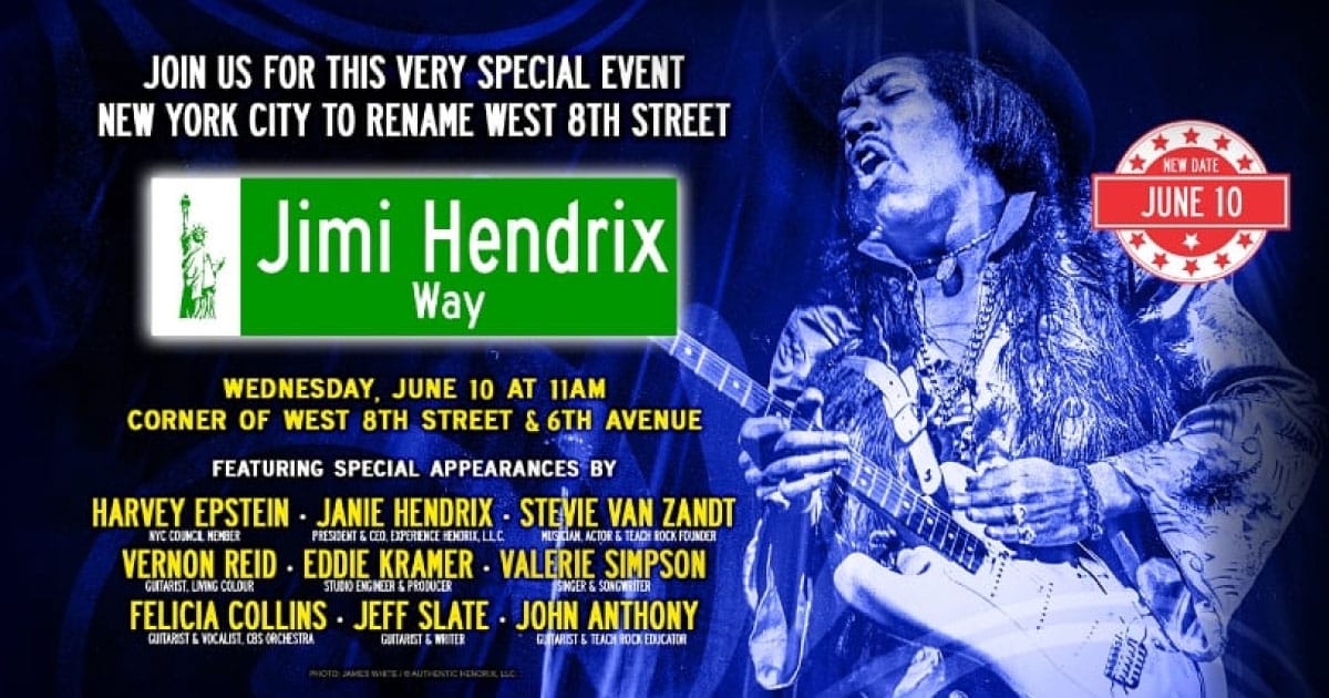 Jimi Hendrix, Jimi Hendrix Way, Jimi Hendrix Way NYC, Jimi Hendrix street naming, Jimi Hendrix street co-naming, Electric Lady Studios, Electric Lady Studios NYC, Greenwich Village, Greenwich Village NYC, Jimi Hendrix New York City, Jimi Hendrix legacy, Jimi Hendrix education program, Experience Hendrix, Janie Hendrix, Harvey Epstein, Jeff Slate, TeachRock, Stevie Van Zandt, Steven Van Zandt, E Street Band, Vernon Reid, Living Colour, Valerie Simpson, Felicia Collins, Eddie Kramer, Jimi Hendrix curriculum, Jimi Hendrix lesson plan, music education, rock music education, TeachRock curriculum, Jimi Hendrix history lesson, Jimi Hendrix innovation, Jimi Hendrix guitar pioneer, Jimi Hendrix influence, Jimi Hendrix social justice, Jimi Hendrix peace activism, Jimi Hendrix racial equity, June 10 2026, NYC street naming ceremony, New York City music history, West 8th Street, Sixth Avenue Manhattan, Greenwich Village landmark, Electric Lady Studios history, Hendrix family, Experience Hendrix LLC, Jimi Hendrix tribute, Jimi Hendrix memorial, Jimi Hendrix New York, Monterey Pop Festival, Jimi Hendrix Monterey performance, guitar effects innovation, sound design pioneer, NYU MusEdLab, music technology education, rock and roll history, music curriculum, free educational resources, middle school music education, high school music education, Jimi Hendrix documentary resources, iconic recording studios, New York music landmarks, Jimi Hendrix fans, rock guitar legend, psychedelic rock, blues rock, electric guitar innovation, Jimi Hendrix influence on music, TeachRock lessons, music history curriculum, Jimi Hendrix news,