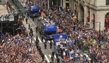 Crowds fill the sidewalks during the NBA Champion New York Knicks ticker-tape parade on Broadway, in New York's "Canyon of Heroes," Thursday, June 18, 2026. (AP Photo/Richard Drew)