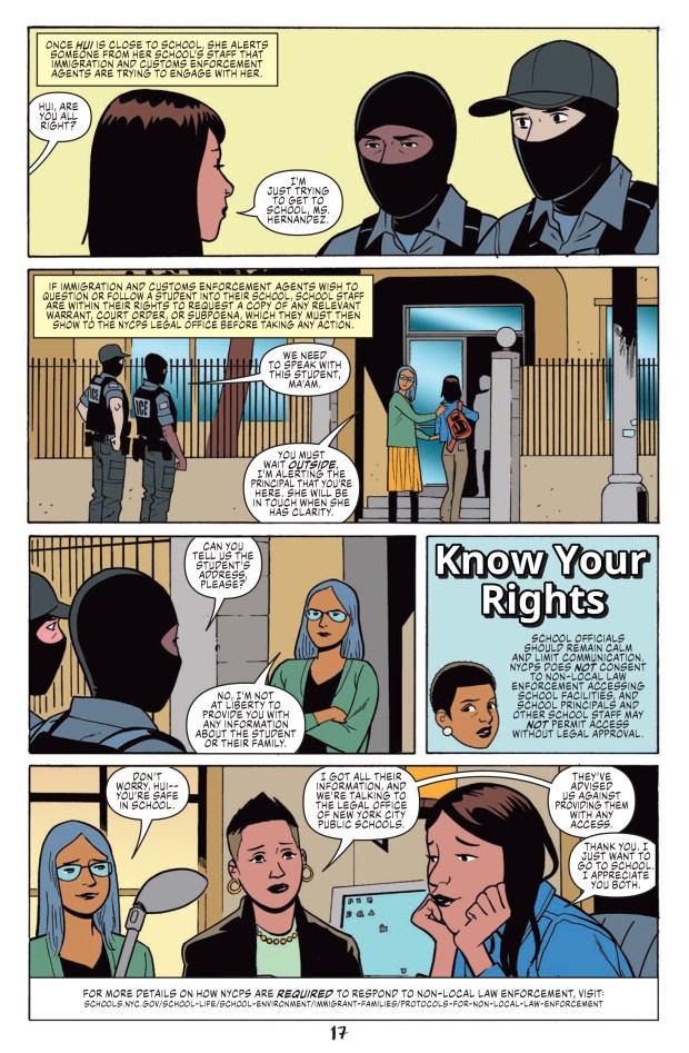 A page from the Department of Education's "Know Your Rights," a 32-page comic book based on real events in the news and guidance from Mayor Mamdani's immigrant affairs office. (NYC Public Schools / Alex Segura, David Hahn, Ellie Wright and Taylor Esposito)