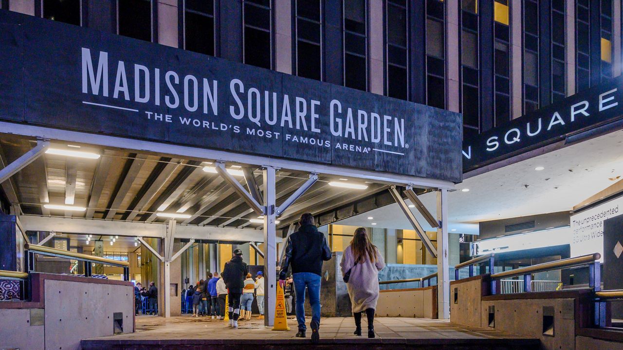 Fans line up outside Madison Square Garden in New York on Feb. 23, 2021. (AP Photo/Brittainy Newman)