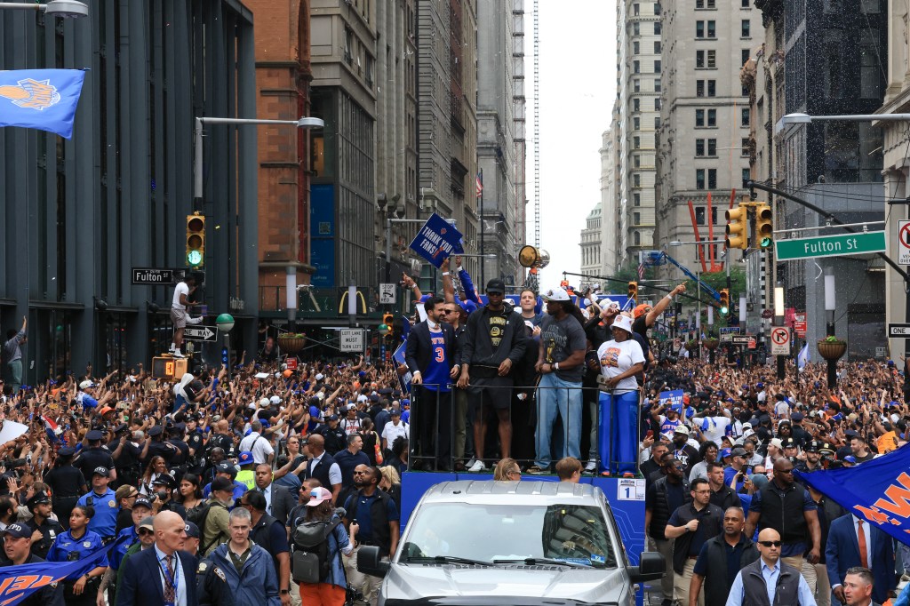 New York Knicks ticker-tape parade down Manhattan's "Canyon of Heroes" to celebrate their 2026 NBA Championship