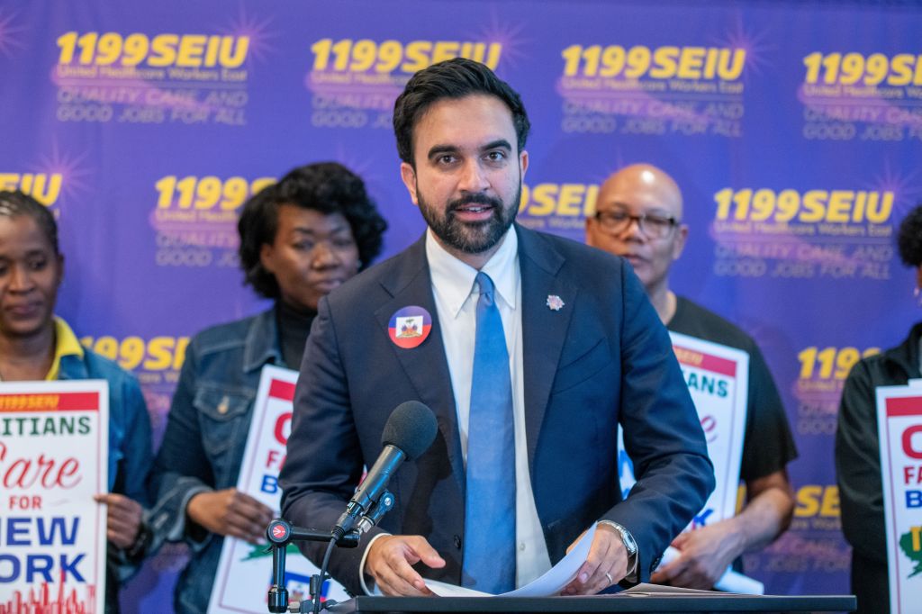 New York City Mayor Zohran Mamdani speaks at a rally with immigration advocates and 1199SEIU members against a Supreme Court immigration ruling.