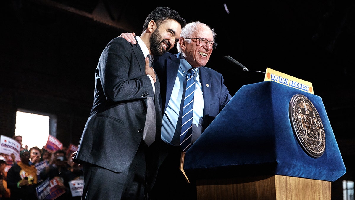 New York City Mayor Zohran Mamdani hugging Rep. Bernie Sanders at an event