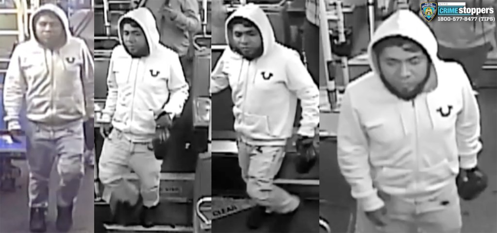 Collage of four surveillance images of an individual wearing a light-colored hooded sweatshirt and light-colored pants.